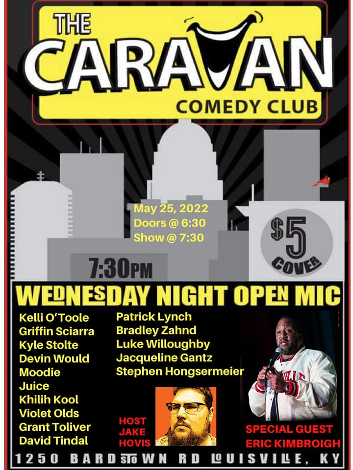 Caravan Comedy Club open-mic flyer listing Violet Olds among the performers