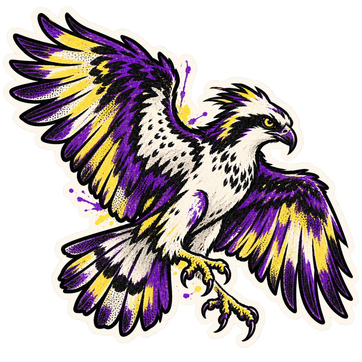 Original purple and yellow graffiti-style osprey sticker representing Violet's University of North Florida alma mater